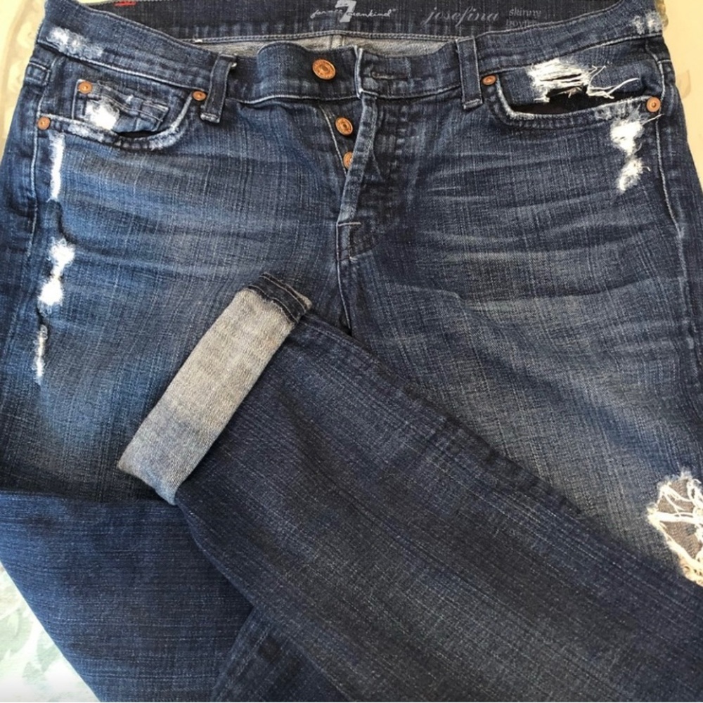 7 All Man Kind Women Button Fly Distressed Straight Leg